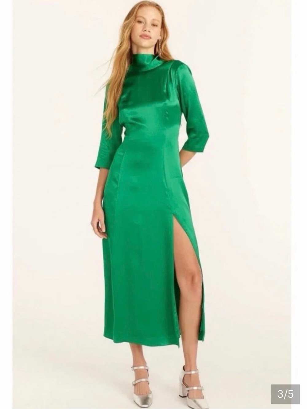 J crew NWT Emerald Satin High-Neck Midi Dress with Side Slit and back bow sz 12